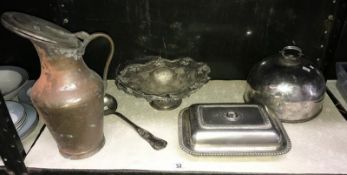 A shelf of silver plate etc.