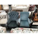 A blue fabric deep button arm chair and 1 other