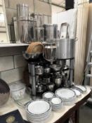 A large quantity of catering stainless steel pans and Churchill hotel ware plates