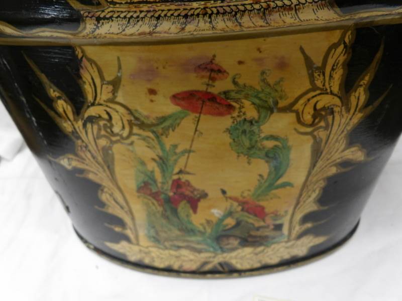 An old black painted bucket with oriental scene,. - Image 3 of 5