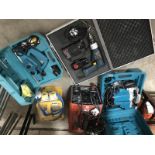 A quantity of electrical tools including planer, router, Bosch drill,