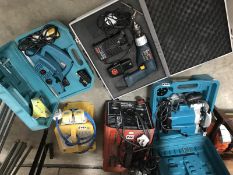 A quantity of electrical tools including planer, router, Bosch drill,