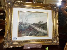 A an oil on board paintine 'Haworth Moor' Yorkshire by Barbara Shaw in ornate gilt frame.