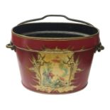 An old red painted bucket with oriental scene.