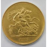 An Edward VII 1902 five sovereign/pound coin, approximate diameter 36mm,