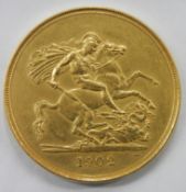An Edward VII 1902 five sovereign/pound coin, approximate diameter 36mm,