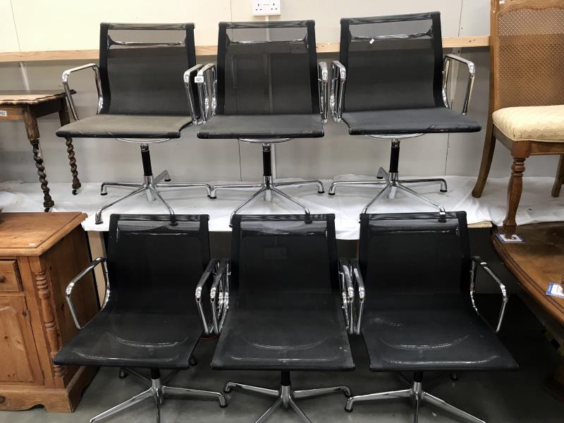 A set of 6 replica Charles Eames aluminium chairs by I.C.F.