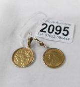 A pair of half sovereign earrings, 1894 and 1897.