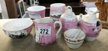 A quantity of pink tourist ware china including Horncastle, Cleethorpes etc.