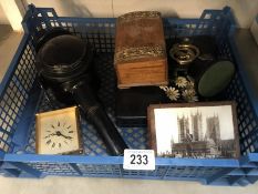 A lacquered box, 2 other boxes, carriage lamp, clock etc.