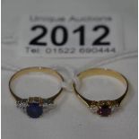 2 gold rings - on set with sapphires and diamonds (hall mark worn) the other set with ruby and