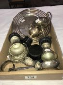 A mixed lot of silver plate including 2 Christofle plates, trophy cups, spoons etc.