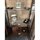 A mixed lot including Seth Thomas clock, wooden storage box, miniature pictures etc.