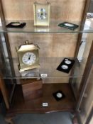 A mixed lot including Seth Thomas clock, wooden storage box, miniature pictures etc.