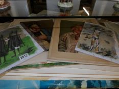 A portfolio of assorted pictures including watercolours, oil on board, artist signed prints,