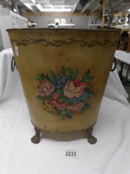 An old painted waste bin decorated with flowers. - Image 2 of 3