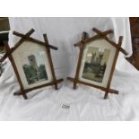 2 19th century oak picture frames containing studies of churches.