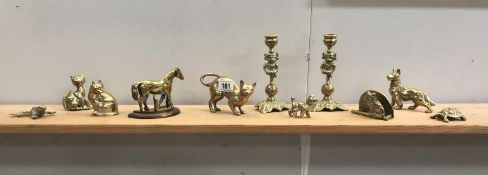 A mixed lot of brassware including pair of Lincoln Imp candlesticks