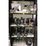 4 shelves of catering stainless steel and kitchen items