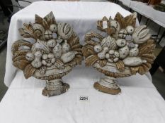 A pair of antique carved wood floral plaques, a/f.