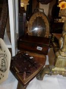 A small Victorian photo album, a wooden bellows, a mahogany box and an inlaid tray.