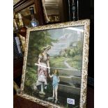 A framed and glazed rural scene featuring mother with child paddling.