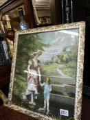 A framed and glazed rural scene featuring mother with child paddling.