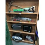 4 shelves of tools, radios etc.