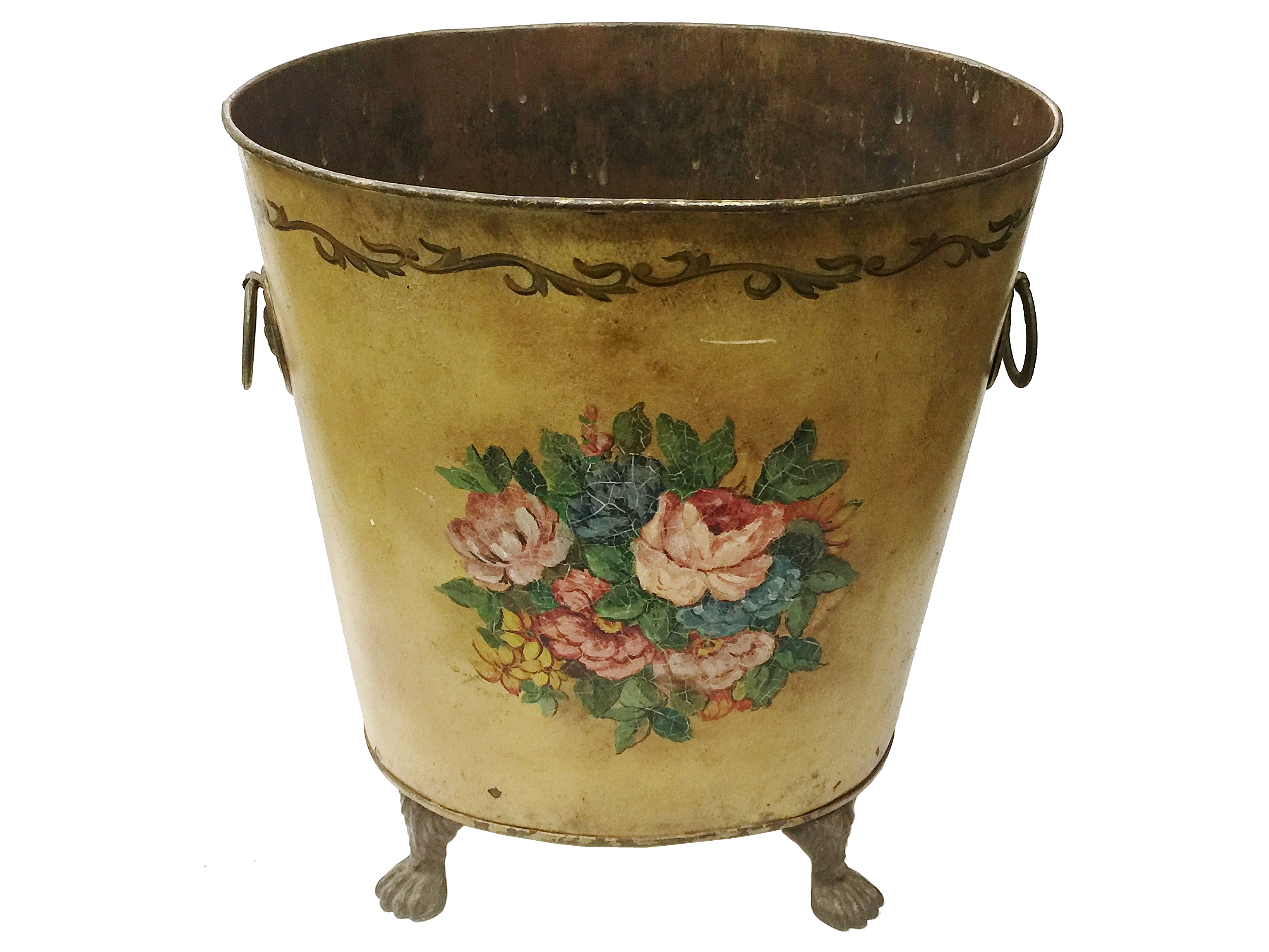 An old painted waste bin decorated with flowers.