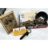 A small box of miscellaneous items including slides of Lincoln, stamps, coins, watch,