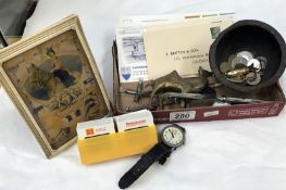A small box of miscellaneous items including slides of Lincoln, stamps, coins, watch,