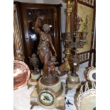 A 3 piece marble and gilt clock garniture comprising clock surmounted figure with child and 2