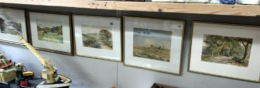 5 countryside and farm related watercolours, 2 signed John Hill,