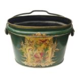 An old green painted bucket with oriental scene.