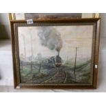 A D Hill signed oil on board painting of a coal mining train leaving the pit/colliery with cargo,