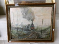 A D Hill signed oil on board painting of a coal mining train leaving the pit/colliery with cargo,