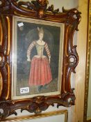 An ornately framed full portrait of a lady.