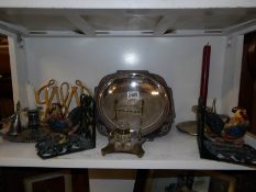 A mixed lot including a pair of silver plate chamber candlesticks with snuffers, a brass inkwell,