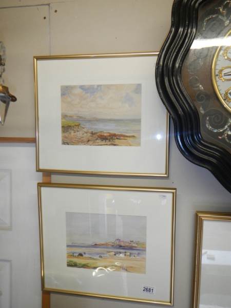 A pair of coastal watercolours, unsigned but possibly John Hilt, image 23 x 17 cm.