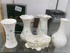 4 Belleek vases and a Belleek posy bowl (2 vases boxed).