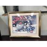 A framed and glazed still life study signed Sally Bustman