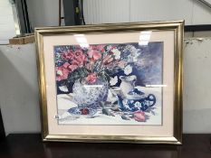 A framed and glazed still life study signed Sally Bustman