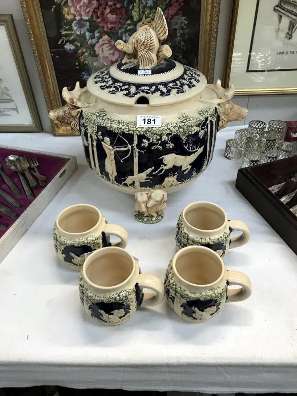 A continental pottery rumtopf and 4 cups