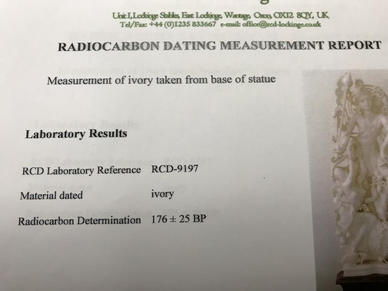 An ivory figure of Durga on a teak base with radiocarbon dating measurement report dated February - Image 15 of 15