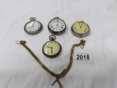 A Victorian silver Chester Verge pocket watch, 3 others and a watch chain.