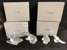 4 boxed Lalique frosted glass birds being sparrow head up, sparrow wings out,