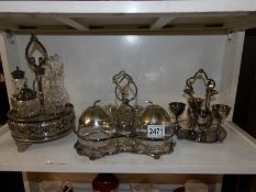 2 silver plate and cut glass condiment sets,
