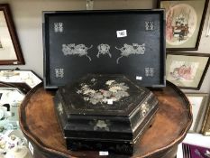 An inlaid oriental lacquered wood box and a tray