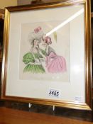 A framed and glazed caricature of 2 18th century elderly 'ladies' signed ....