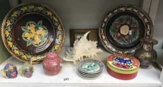 A quantity of miscellaneous items including plates, shell, vase etc.